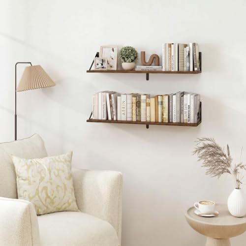 Heimlove Black Deep Floating Shelves for Wall, 31.5W x 8D Wood Wall Shelves Set of 2, Wide Floating Bookshelf for Living