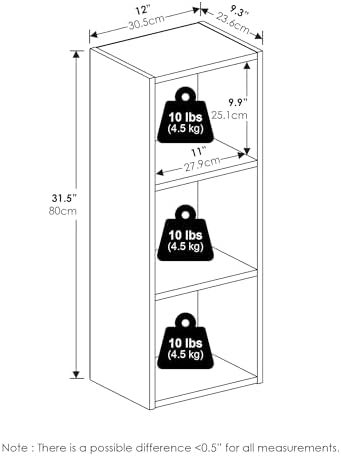 Furinno PASIR Book Shelf, 3-Tier Bookshelf, Open Storage Shelf Bookcase, Easy Assembly, 9" x 12" x 32", for Living Room,