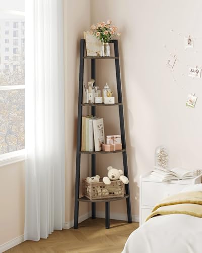 Hoctieon Corner Shelf, 4-Tier Corner Bookshelf, Rustic Ladder Shelf, Industrial Display Stand for Living Room, Kitchen, 