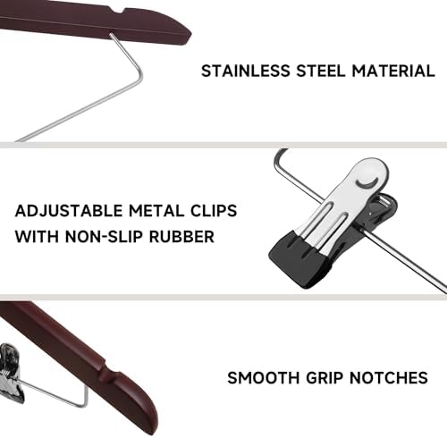 Wooden Hangers with Adjustable Metal Clips, 12-Pack, Dark Cherry