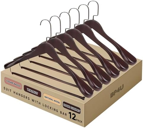 12-Pack Premium Wooden Wide Shoulder Suit Hangers, Heavy-Duty Solid Wood Coat Hangers with Non-Slip Locking Pant Bar for Heavy Clothes, Garments, Blazers, Jackets, Outerwear, Shirts (Dark Cherry)