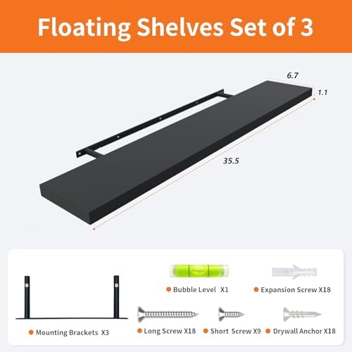 Floating Shelves for Wall Set of 3, 36" Black Wall Shelves for Home Decor