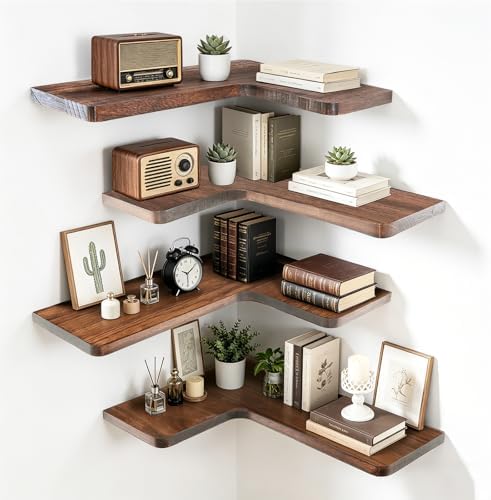 Solid Wood Corner Floating Shelves, L-Shaped, Brown, Set of 4