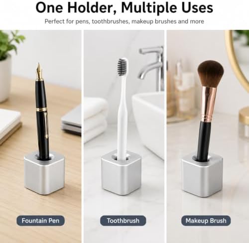 Coideal Silver Single Pen Holder Stand, Aluminum Desk Pen Base, Mini One-Hole Fountain Pen Holder for Pencil, Toothbrush, Makeup Brush, Office Desktop Organizer