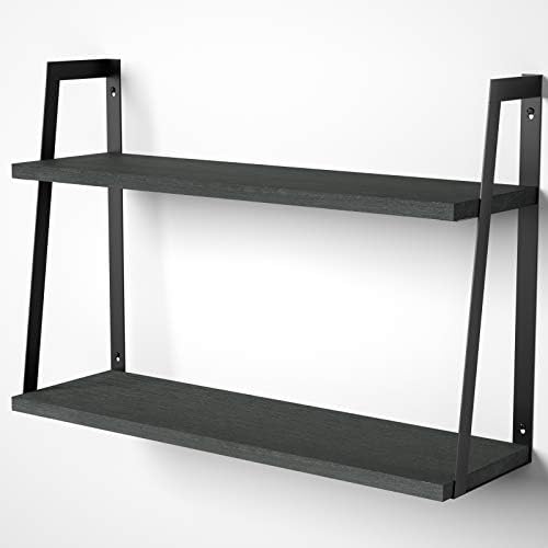 SRIWATANA Black 2-Tier Floating Wall Shelves, Rustic Wood Storage Shelf Set