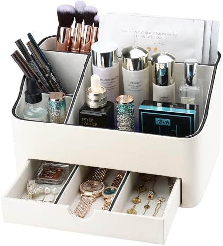 KINGFOM PU Leather Makeup Organizer with Drawer, Skincare Organizer for Vanity, Cosmetic Storage for Dresser Countertop,