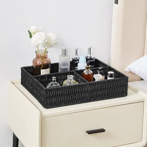 Vagusicc Wicker Divided Storage Basket, Black Wicker Baskets, Basket for Shelves Drawer Organizing, 3 Section Rectangula
