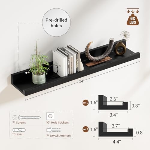 Heimlove Picture Ledge Shelf,24 inch Long Floating Shelves for Wall Set of 4,Black Picture Shelf with Lip for Wall Decor