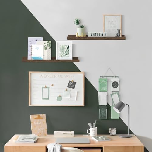 24 Inch Wooden Picture Ledge Shelf, Rustic Brown Phtoto Shelves for Wall