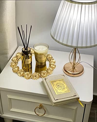 Vixdonos Decorative Round Mirror Tray Bathroom Vanity Tray with Gold Resin Rose for Perfume,Jewelry and Makeup