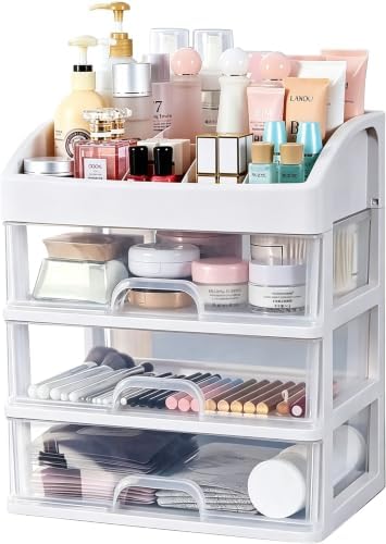Makeup Organizer with 3 Drawers Plastic Storage for Vanity Cosmetic Display Cases Large Capacity Bathroom Countertop Pla