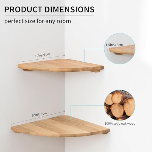Corner Shelves, Floating Corner Shelf, Set of 2 10inch Solid Oak Wood Corner Wall Shelves, Round End Wall Mount Display 