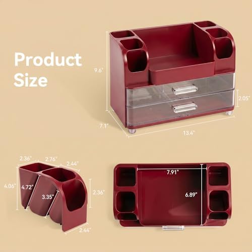 Makeup Organizer for Vanity with 2 Large Drawers and 6 Brush Holders, Red