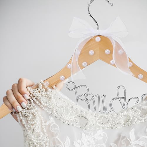 Honeydak Wood Bridal Hanger for Wedding Dress,Natural Silver,Pearl