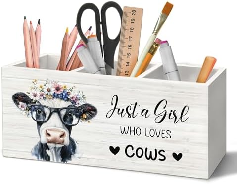 Cow Inspirational Pen Holder Organizer for Desk Accessories, Just a Girl Who Loves Cows Farmhouse Wooden Box Sign Desk Decorations for Home Classroom Dorm Office Tabletop Decor
