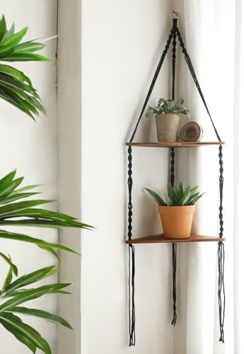 Artilady Corner Shelf Macrame Wall Hanging Balck, Boho Wood Storage Decor