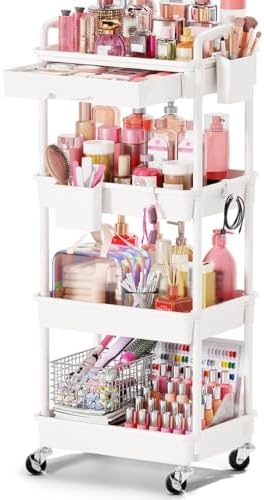 Goovilla Rolling Makeup Organizer Cart with Removable Drawer, 4 Tier White