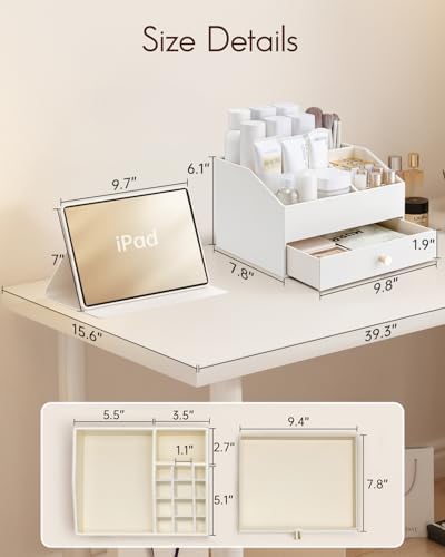 VLANDO 2-Layer Makeup Organizer Countertop with Drawers for Vanity,White