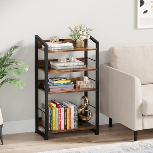 Hosfais Book Shelf Small Bookshelf: 4-Tier Wood Bookcase Industrial Bookshelf with Edge Protection Metal Narrow Bookcase