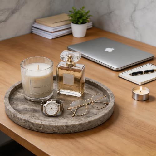 Round Marble Vanity Tray, Gray Travertine,Natural Marble Stone Decorative Tray for Counter, Bathroom, Kitchen, Dresser, 
