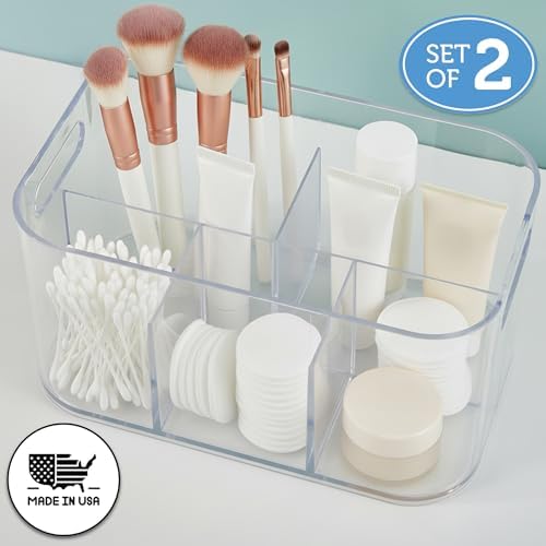 STORi Bliss 5-Compartment Plastic Cosmetics Storage Organizer, Set of 2 | Clear | Rectangular Divided Makeup Bin & Vanit
