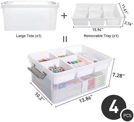 Citylife 17QT 4Packs Clear Craft Organizers and Storage Box with Tray