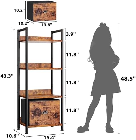 Furologee 4 Tier Bookshelf with Drawer, Small Narrow Bookcase, Rustic Brown
