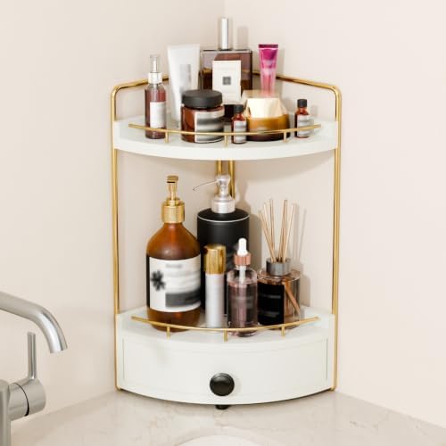2-Tier Corner Bathroom Counter Organizer with Drawer, White Gold