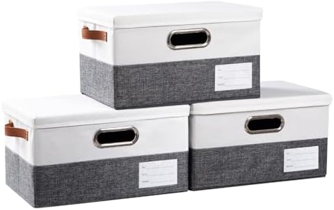 PRANDOM Storage Bins with Lids [3-Pack] Linen Fabric Foldable Storage Boxes Organizer Containers Baskets Cube with Cover