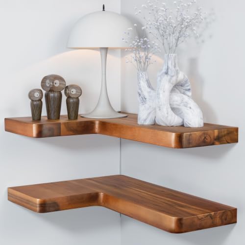 BATODA Acacia Wood Corner Floating Shelves 17" x 12"– Corner Shelf Wall Mounted - Floating Book Shelves for Wall - Brack