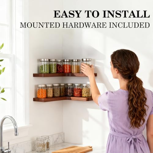 Floating Corner Shelves, Wall Shelf Set of 2, Shelves for Wall Storage, Solid Wood Shelves for Storage, Wall Mount Woode