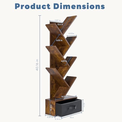 DUMOS 7 Tier Tree Bookshelf, Small Bookcase with Storage Cabinet