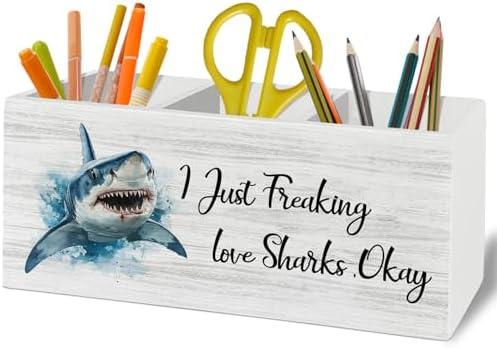 Shark Decor, Shark Bathroom Decor, Pen Pencil Holder Organizer for Desk Accessories, I Just Freaking Love Sharks Okay Wooden Box Sign Desk for Home Office Decoration