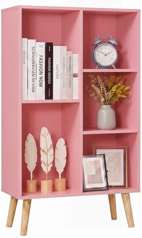 YAHARBO Small Light Pink Bookshelf,3 Tier Modern Kids Bookcase with Legs,5 Cube Wooden Bookshelves Storage Shelf,Book Sh