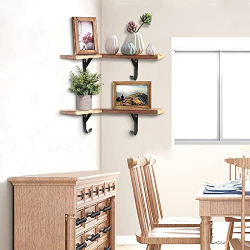 HAO Floating Corner Wall Shelves Rustic Wood Mounted Shelving L Shape Shelf with Cable Wire Hole Pattern for Bedroom Liv