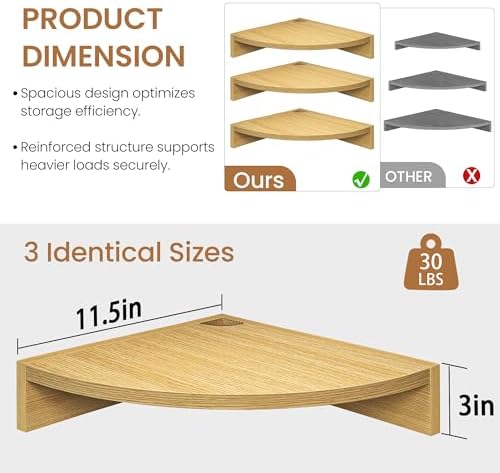 Fun Memories Corner Shelf Wall Mount, Wood Floating Corner Shelves, Corner Wall Shelf for Bedroom, Bathroom, Kitchen, Li