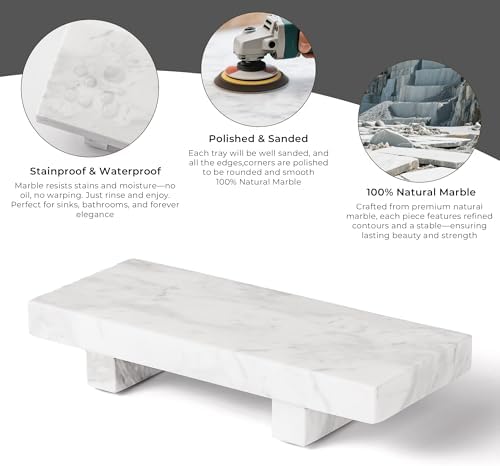 Natural Marble Tray Pedestal Stand for Bathroom Countertop, 9" x 4" Stone Riser for Soap, Perfume & Candles, Waterproof 