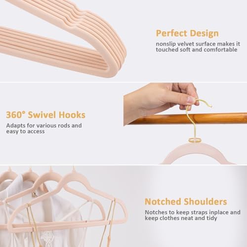 Pink Velvet Hangers 30 Pack, Premium Non-Slip Felt Clothes Hangers, Heavy Duty, Durable Coat Hangers for Suits, Thin Space Saving Hangers with No Mark & 360° Swivel Gold Hook