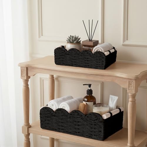 iEGrow Paper Rope Small Storage Baskets for Organizing, Set of 2 Scalloped Edge Wicker Basket with Wooden Handles Toilet Paper Basket for Over Toilet Storage Shelf, Home Decor, Living Room (Black)