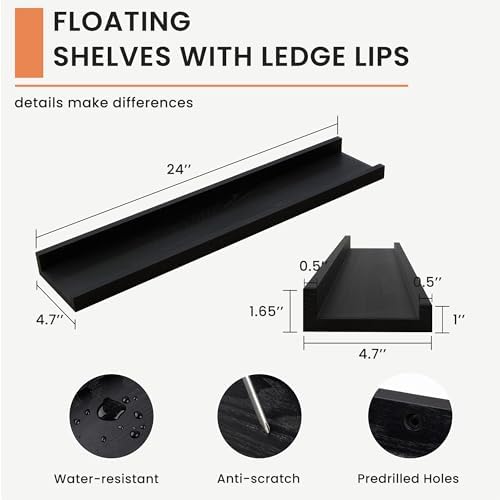 FLYJOE Picture Ledge Shelf for Wall, 24 inch Solid Ash Wood Nursery Book Shelves 2 Packs, Floating Shelves for Kids' Room Bedroom Bathroom Living Room Photo Frames Office Nursey Wall Decor, Black