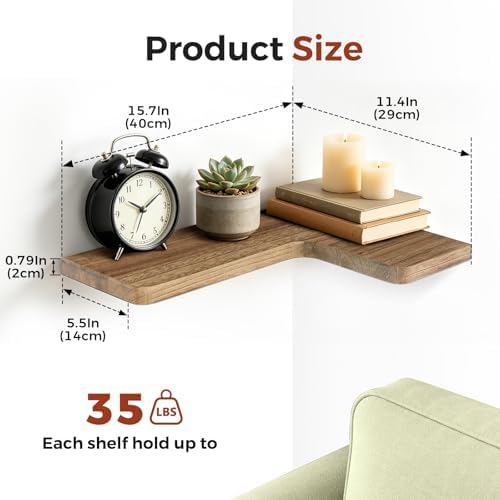 Solid Wood Corner Floating Shelves, L-Shaped, Oak, Set of 3