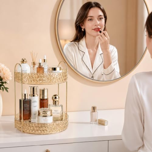 Large Capacity Rotating Makeup Organizer Perfume Stand Holder, 2 Tier Gold