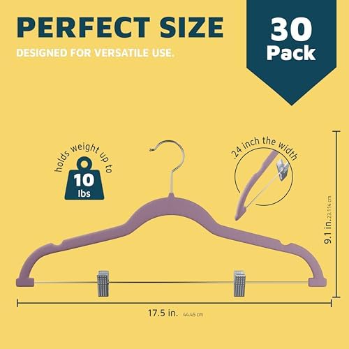 Lifemaster Velvet Skirt Hangers – with Adjustable Clips, 360 Degree Swivel Hook, and Non-Slip Shoulder Notch, Holds Up to 10 lbs, for Organizing Skirt, Pants, Dress, and Clothes, Pack of 30, Purple