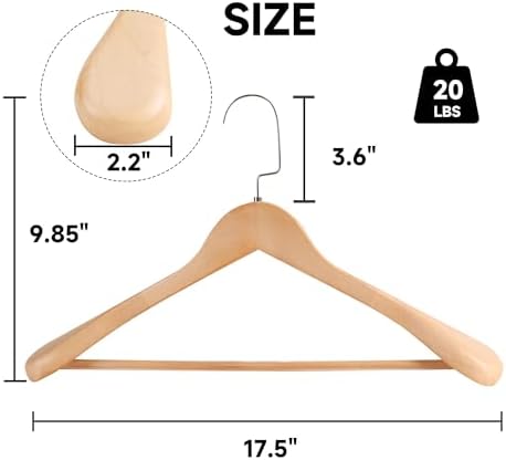17.5" Wooden Suit Hangers, Non Slip Pants Bar, Natural Wood, 36-Pack