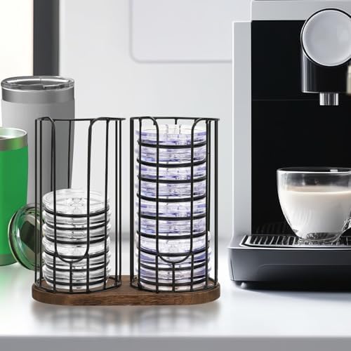 2-Compartment 18oz Coffee Cup Dispenser Rack with Wood Base, Disposable Cup, and Lid Organizer for Countertop - Perfect 