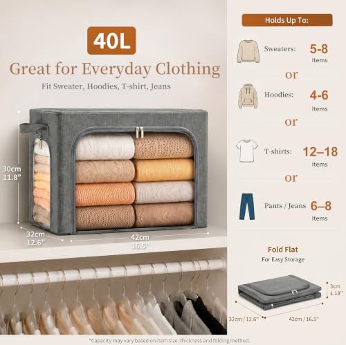 GoMaihe Clothes Storage Bins with Metal Frame for Sweaters, 40L 3-Pack Grey