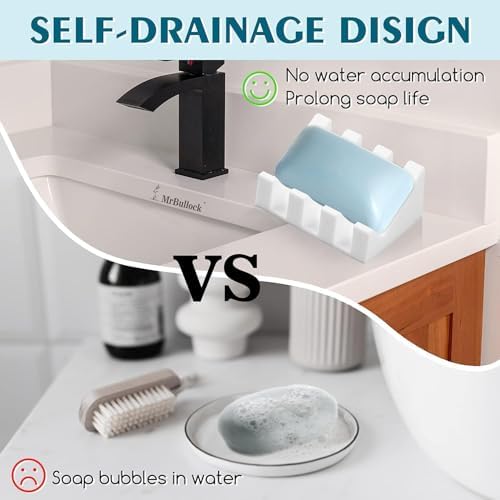 Self Draining Silicone Soap Dish Holder Waterfall Tray, 1 Pack White