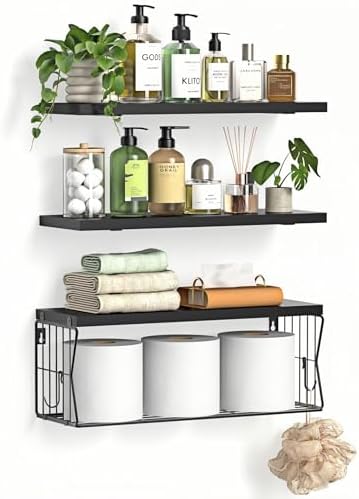 Floating Bathroom Shelves Wall Mounted - Wooden Shelf Set of 3 for Over Toilet Storage & Modern Bathroom Decor - Perfect