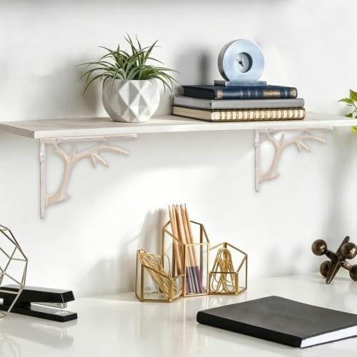 2PCS Cast Iron Deer Antler Wall Shelf Brackets, 6.2in (H), White