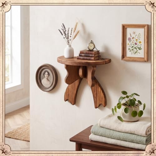 Pinkunn Wooden Bow Floating Shelf, 8 x 8 x 4.7 Inch, Rustic Brown Bow Tie